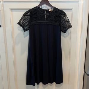 Loft navy swing dress with crocheted top